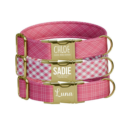 Personalized Pink Checkered Dog Collar with Name Engraved, Cute and Soft Adjustable Collar & Leash Set Black or Gold Buckle Dog Gift (OG-29)