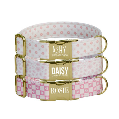Personalized Pink Floral Dog Collar with Name Engraved, Cute and Soft Adjustable Collar & Leash Set, Black or Gold Buckle, Dog Gift (OG-02)