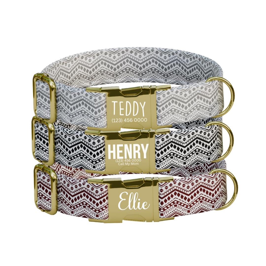 Personalized Boho Aztec Dog Collar with Name Engraved Cute and Soft Adjustable Collar & Leash Set, Black or Gold Buckle, Dog Gift (OG-09)