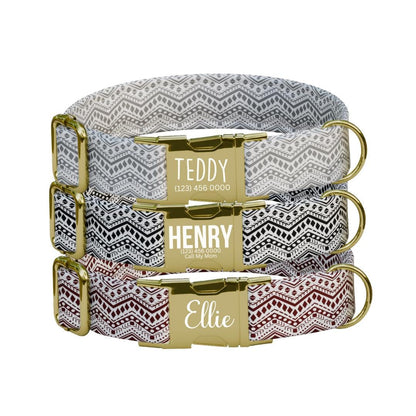Personalized Boho Aztec Dog Collar with Name Engraved Cute and Soft Adjustable Collar & Leash Set, Black or Gold Buckle, Dog Gift (OG-09)