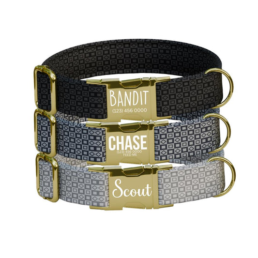 Personalized Modern Geometric Dog Collar with Name Engraved, Cute and Soft Adjustable Collar & Leash Set, Black Gold Buckle Dog Gift (OG-10)