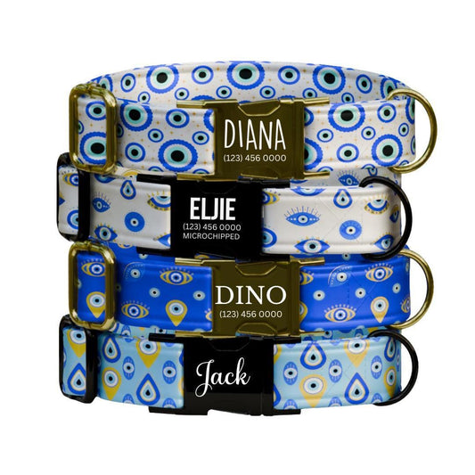 Personalized Evil Eye Dog Collar Custom Name ID Tag Stylish Protection Design Adjustable Quick Release Collar Perfect Gift for Dogs (OG-250)