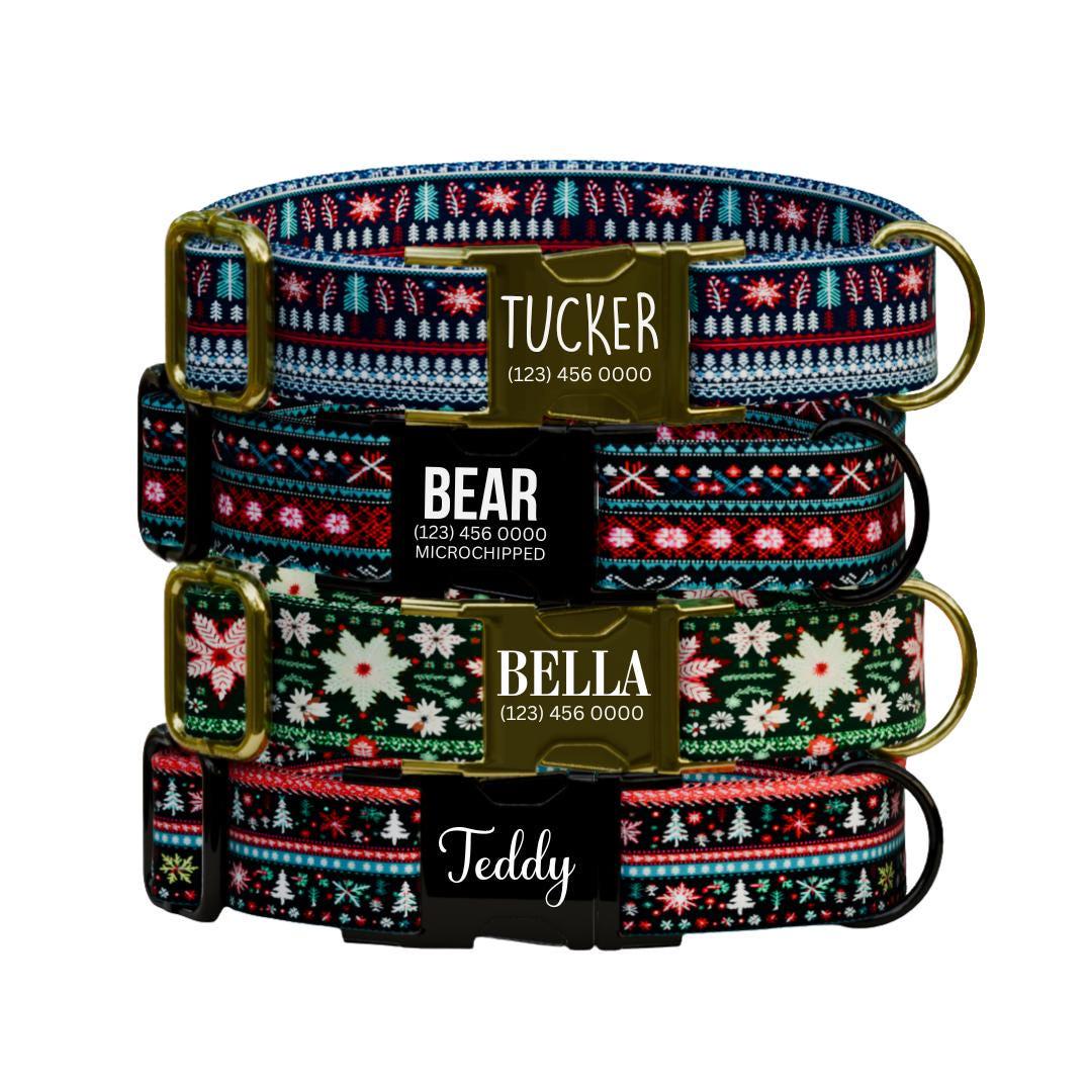 Personalized Ugly Christmas Dog Collar with Name Engraved Custom Name Tag Adjustable Collar & Leash Set Festive Flurries Dog Tag (OG-222)