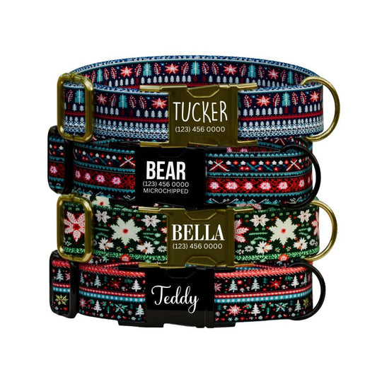 Personalized Ugly Christmas Dog Collar with Name Engraved Custom Name Tag Adjustable Collar & Leash Set Festive Flurries Dog Tag (OG-222)