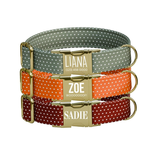Personalized Polka Dot Dog Collar with Name Engraved Cute and Soft Polka Dot Designs Adjustable Collar & Leash Set Pet Tag Dog Gift (OG-143)
