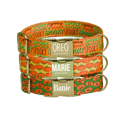 Personalized Halloween Dog Collar with Name Engraved Cute and Soft Fall Adjustable Collar & Leash Set Black or Gold Buckle Dog Gift (OG-144)
