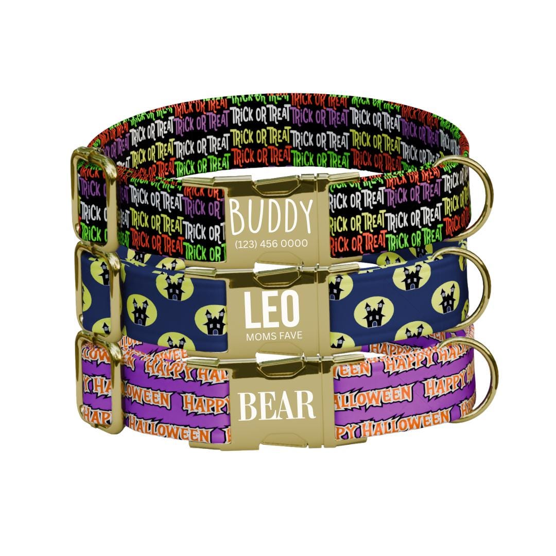 Personalized Halloween Dog Collar with Name Engraved Cute and Soft Fall Adjustable Collar & Leash Set Black or Gold Buckle Dog Gift (OG-145)