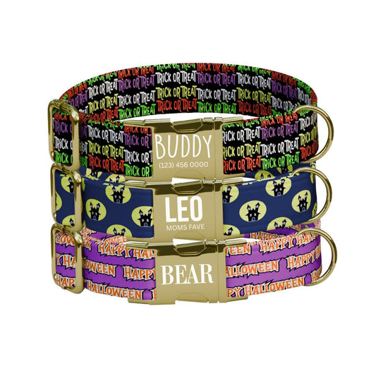 Personalized Halloween Dog Collar with Name Engraved Cute and Soft Fall Adjustable Collar & Leash Set Black or Gold Buckle Dog Gift (OG-145)
