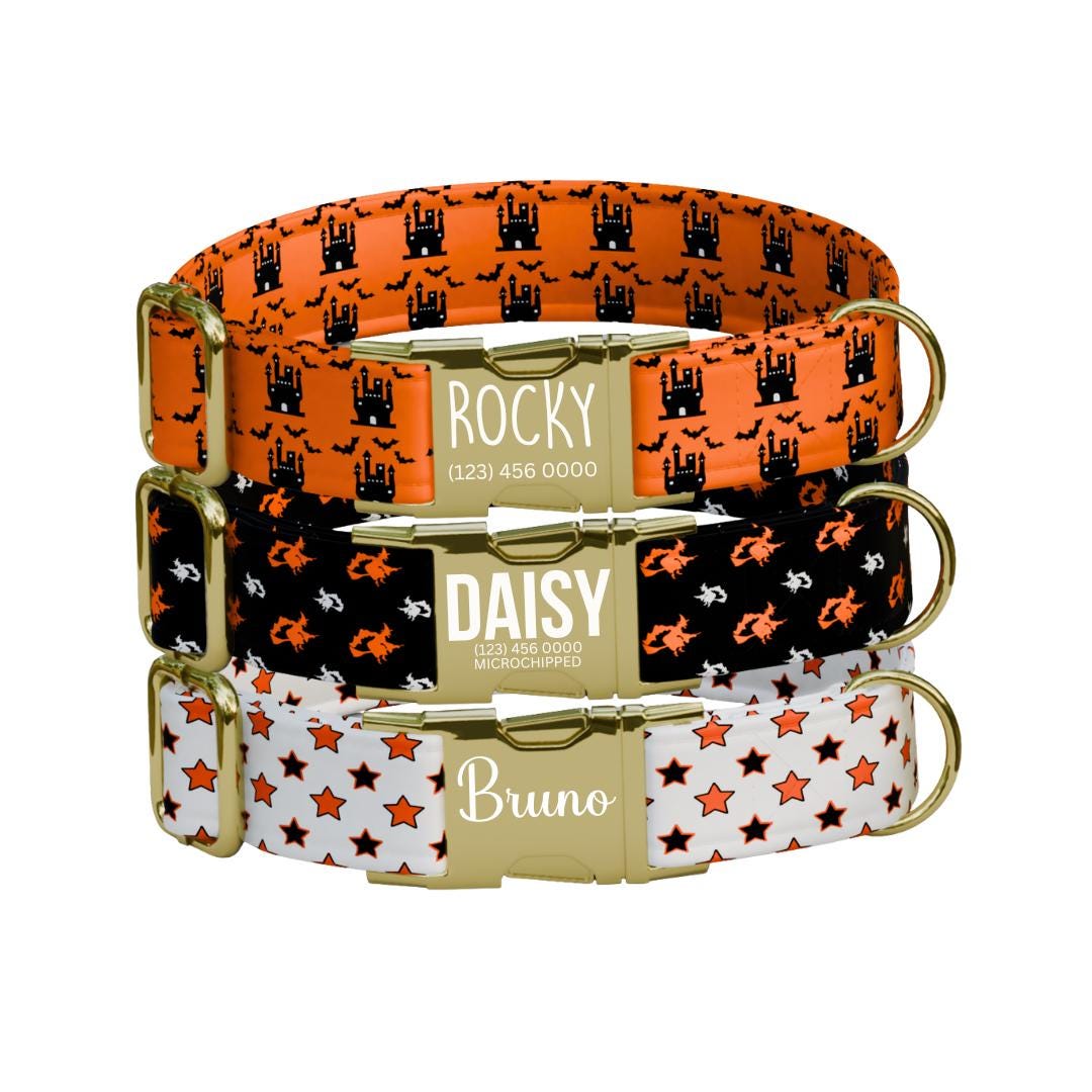Personalized Spook-tacular Halloween Dog Collar with Name Engraved Cute and Soft Adjustable Collar & Leash Set, Pet ID Tag Dog Gift (OG-137)