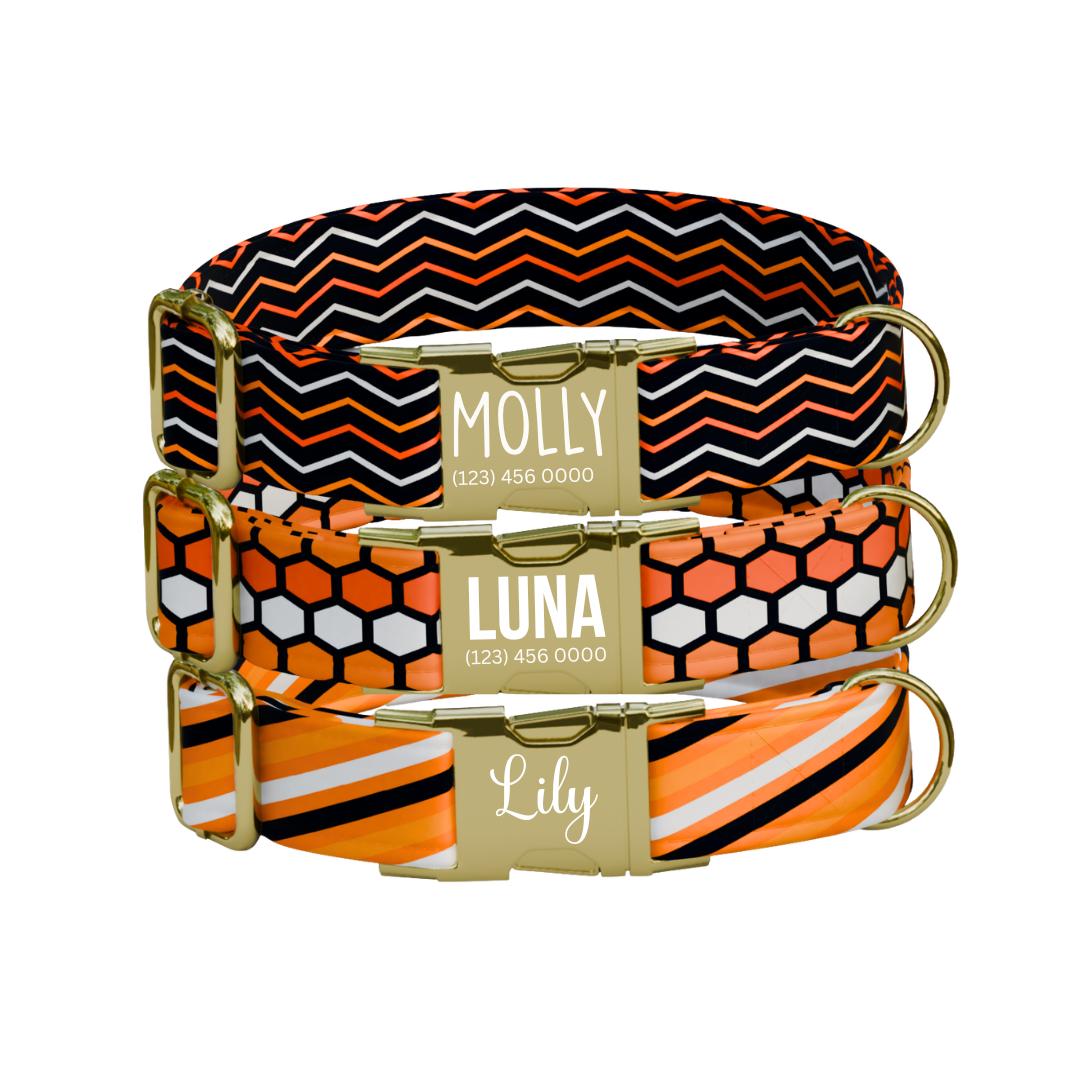 Personalized Spook-tacular Halloween Dog Collar with Name Engraved Cute and Soft Adjustable Collar & Leash Set, Pet ID Tag Dog Gift (OG-140)