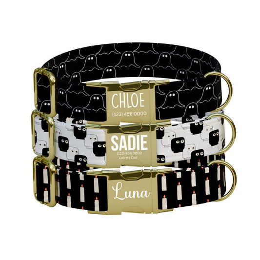 Personalized Spooky Season Dog Collar with Name Engraved Cute and Soft Adjustable Collar & Leash Set Black or Gold Buckle Dog Gift (OG-125)