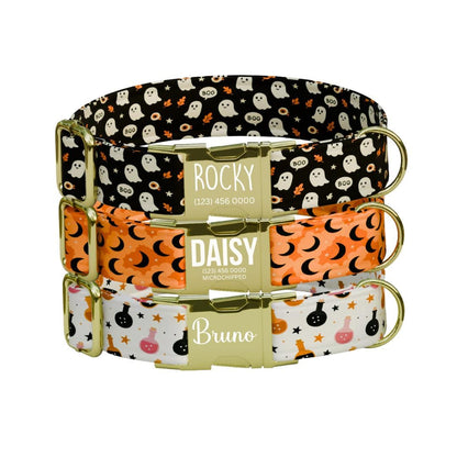 Personalized Halloween Dog Collar with Name Engraved Cute and Soft Fall Adjustable Collar & Leash Set Black or Gold Buckle Dog Gift (OG-127)