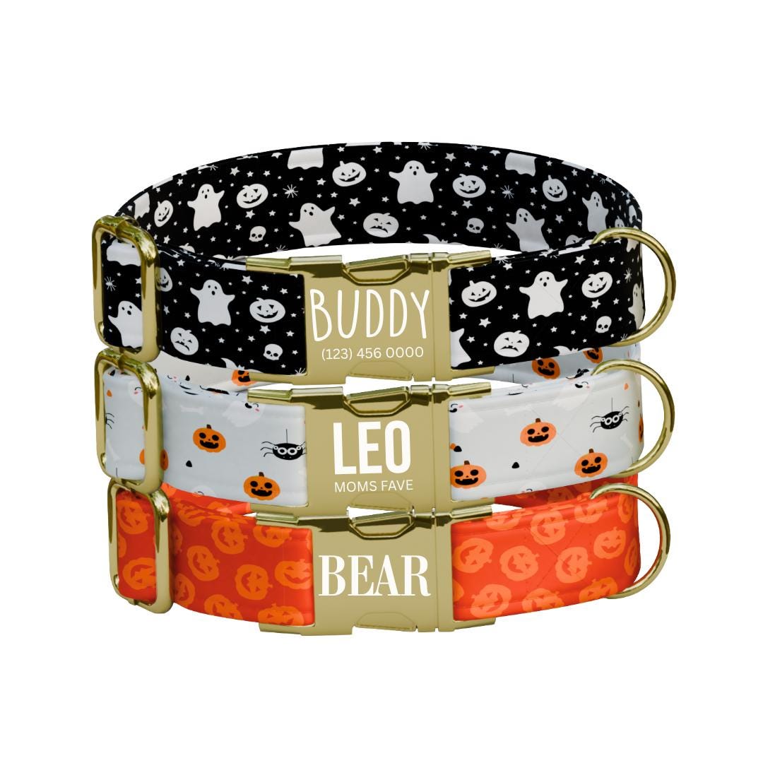 Personalized Halloween Dog Collar with Name Engraved Cute and Soft Fall Adjustable Collar & Leash Set Black or Gold Buckle Dog Gift (OG-129)