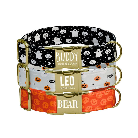 Personalized Halloween Dog Collar with Name Engraved Cute and Soft Fall Adjustable Collar & Leash Set Black or Gold Buckle Dog Gift (OG-129)