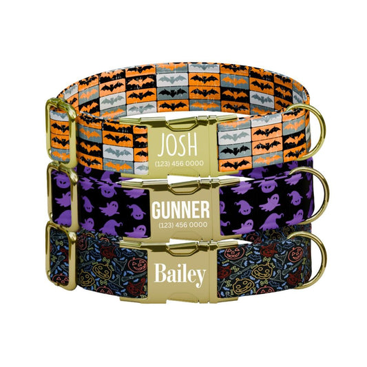 Personalized Halloween Dog Collar with Name Engraved Cute and Soft Fall Adjustable Collar & Leash Set Black or Gold Buckle Dog Gift (OG-130)