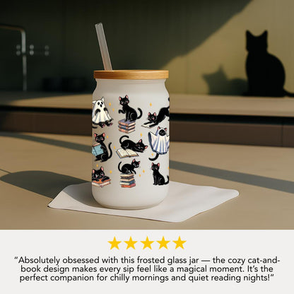Black Cat Halloween Frosted Glass Cup 16oz Frosted Glass Tumbler with Bamboo Lid & Straw Spooky Ghost Cat Tumbler Cute Witchy Fall Drinkware