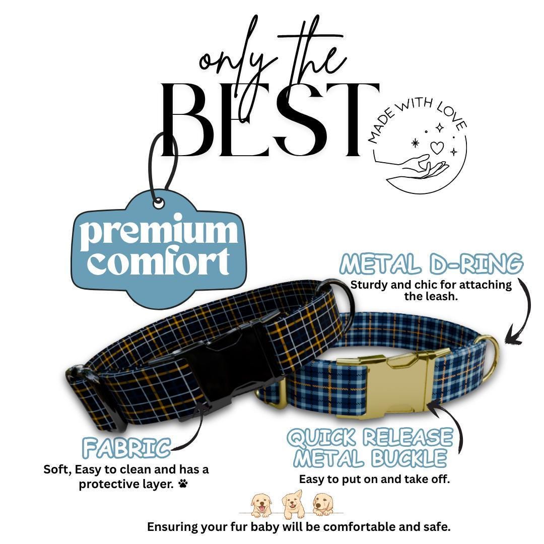 Personalized Plaid Dog Collar with Name Engraved Cute and Soft Plaid Adjustable Collar & Leash Set Black or Gold Buckle Dog Gift (OG-153)