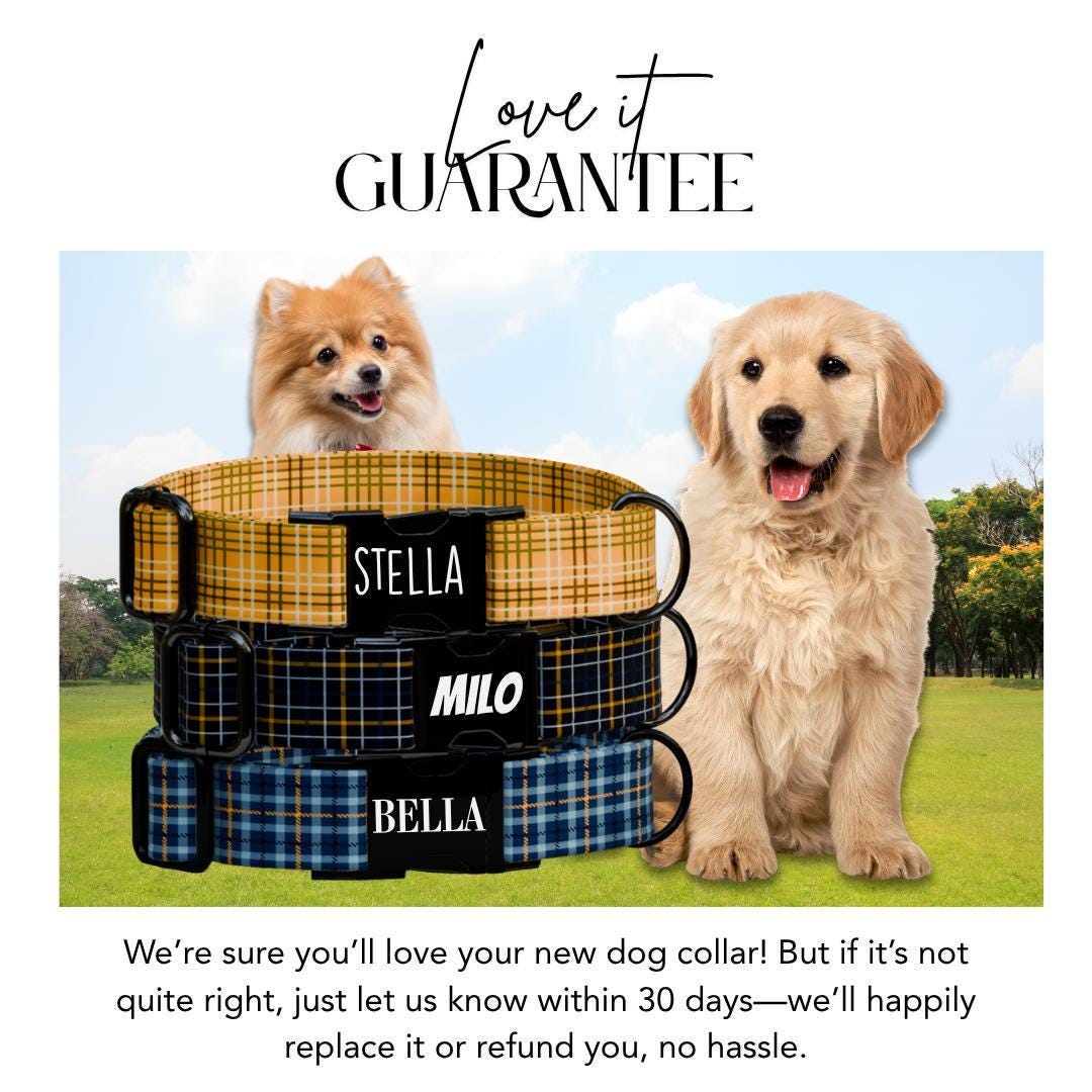 Personalized Plaid Dog Collar with Name Engraved Cute and Soft Plaid Adjustable Collar & Leash Set Black or Gold Buckle Dog Gift (OG-153)