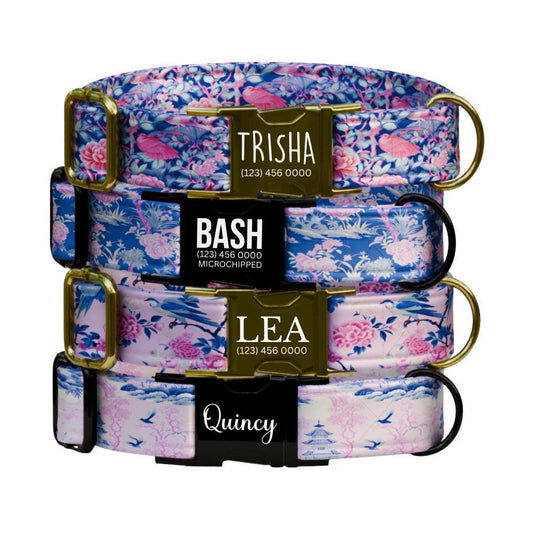 Personalized Chinoiserie Floral Dog Collar with Name Engraved Custom Name Tag Elegant Oriental Dog Collar Cute Gift for Dog Lovers (OG-268)