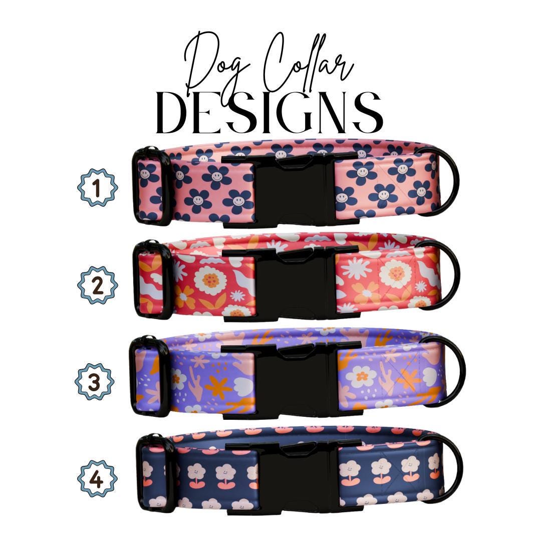 Personalized Groovy Blooms Dog Collar with Name Engraved Cute 70s Flower Design Name ID Adjustable Collar & Leash Set Gift for Dog (OG-254)