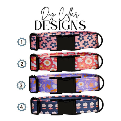 Personalized Groovy Blooms Dog Collar with Name Engraved Cute 70s Flower Design Name ID Adjustable Collar & Leash Set Gift for Dog (OG-254)