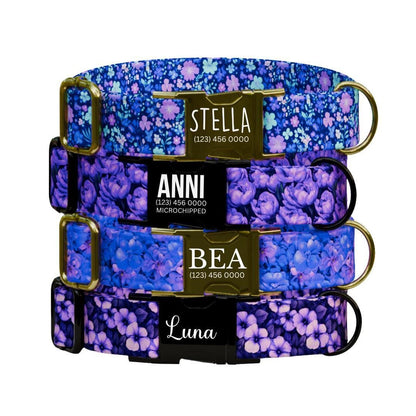Personalized Purple Floral Dog Collar with Name Engraved Cute and Soft Floral Adjustable Collar & Leash Set Stylish Flower Dog Gift (OG-197)