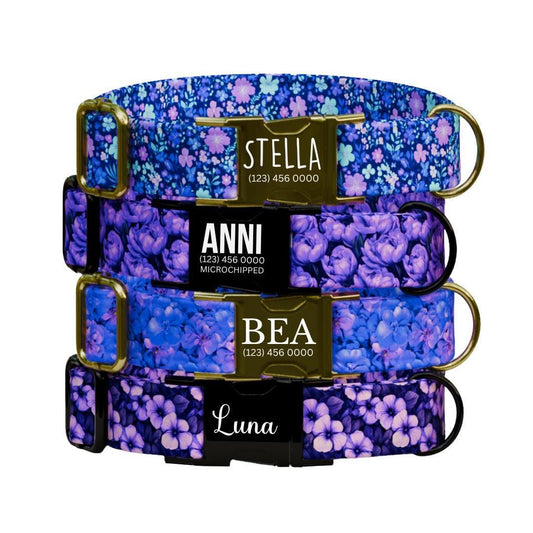 Personalized Purple Floral Dog Collar with Name Engraved Cute and Soft Floral Adjustable Collar & Leash Set Stylish Flower Dog Gift (OG-197)