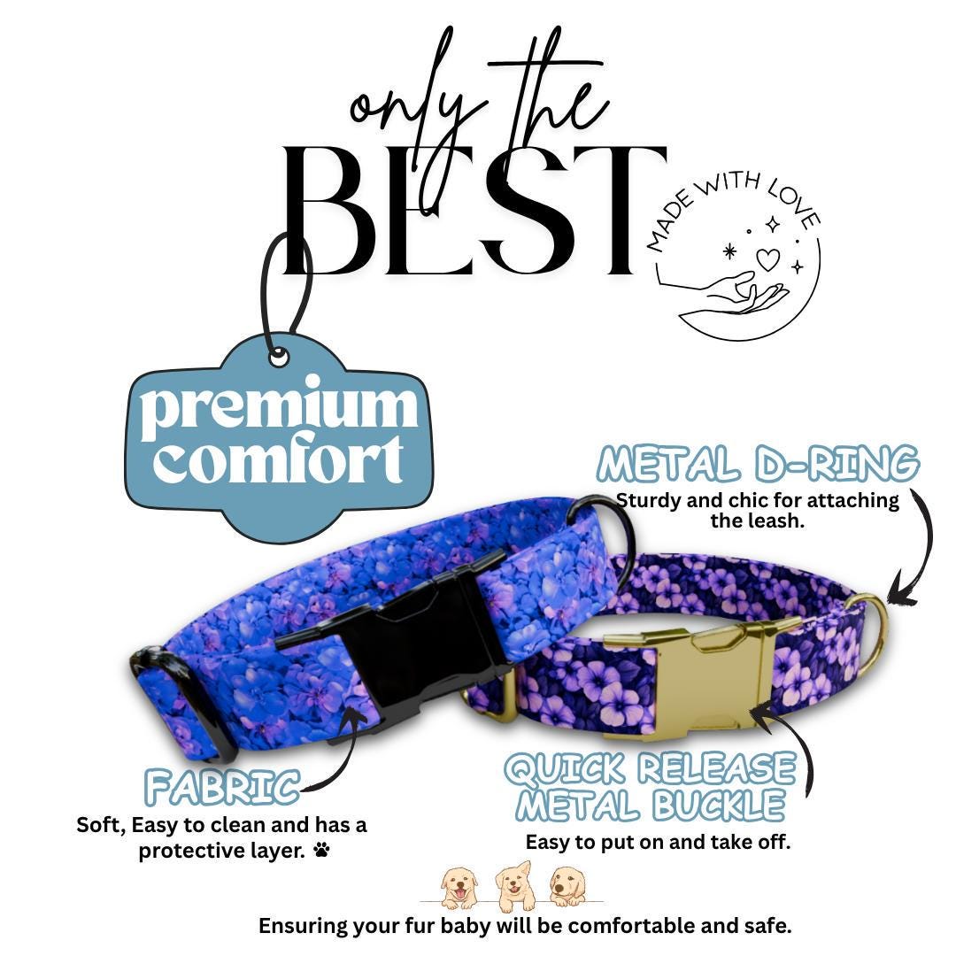 Personalized Purple Floral Dog Collar with Name Engraved Cute and Soft Floral Adjustable Collar & Leash Set Stylish Flower Dog Gift (OG-197)