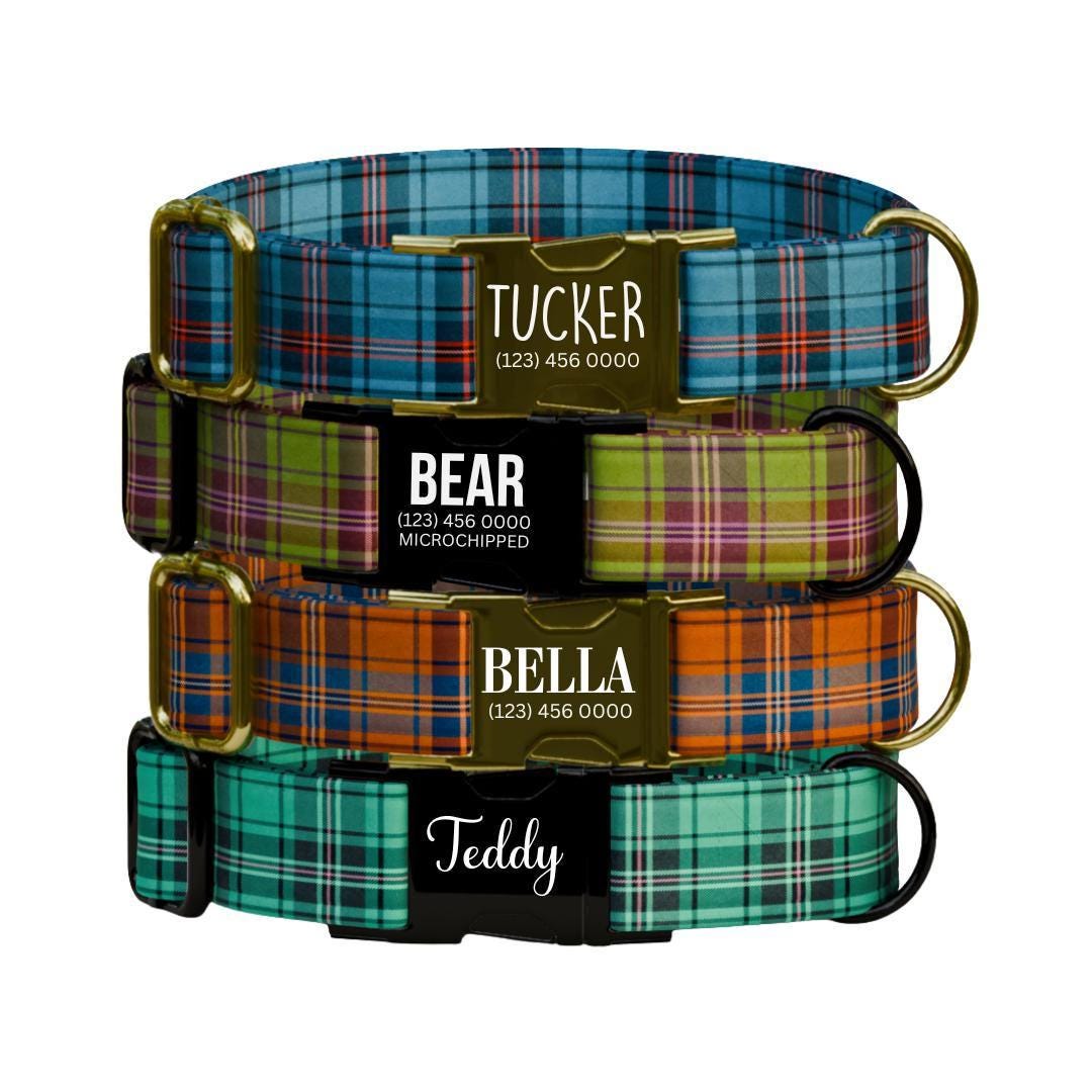Personalized Plaid Dog Collar with Name Engraved Custom Adjustable Collar Plaid  Dog Collar & Leash Set Plaid Collar Gift for Dogs (OG-211)