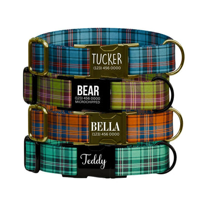 Personalized Plaid Dog Collar with Name Engraved Custom Adjustable Collar Plaid  Dog Collar & Leash Set Plaid Collar Gift for Dogs (OG-211)