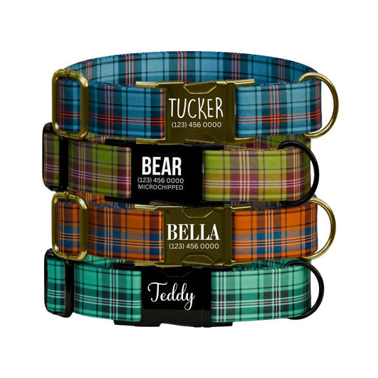 Personalized Plaid Dog Collar with Name Engraved Custom Adjustable Collar Plaid  Dog Collar & Leash Set Plaid Collar Gift for Dogs (OG-211)