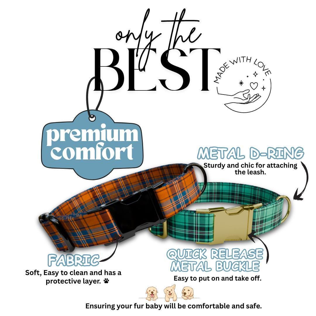 Personalized Plaid Dog Collar with Name Engraved Custom Adjustable Collar Plaid  Dog Collar & Leash Set Plaid Collar Gift for Dogs (OG-211)