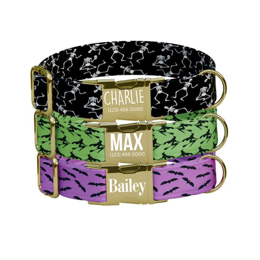 Personalized Halloween Dog Collar with Name Engraved Cute and Soft Fall Adjustable Collar & Leash Set Black or Gold Buckle Dog Gift (OG-146)