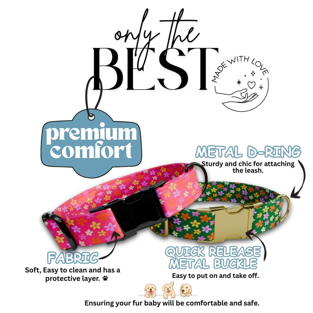 Personalized Pink Floral Dog Collar for Girls with Name Engraved Cute and Soft Floral Adjustable Collar & Leash Set Flower Dog Gift (OG-200)