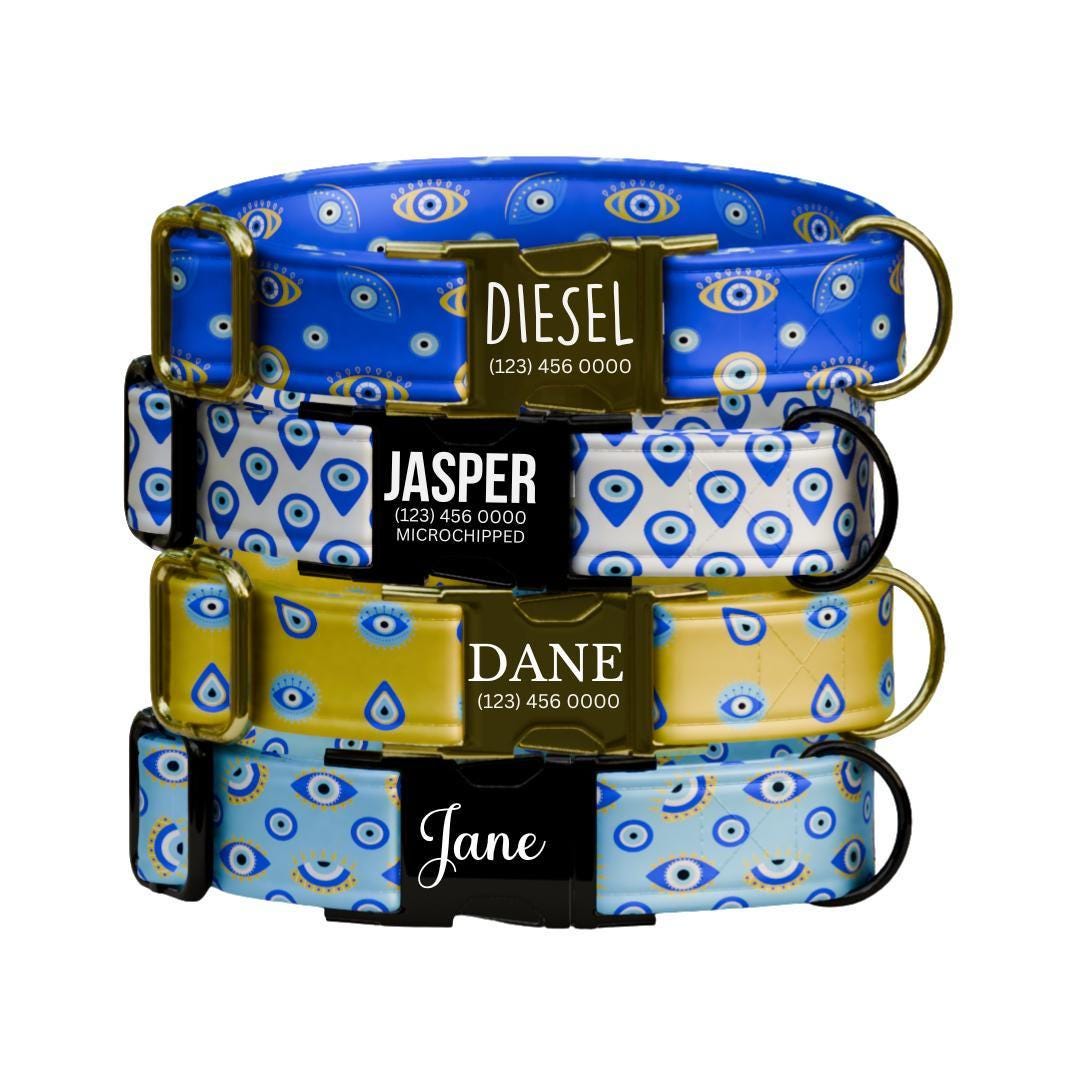 Personalized Evil Eye Dog Collar Custom Name ID Tag Stylish Protection Design Adjustable Quick Release Collar Perfect Gift for Dogs (OG-249)