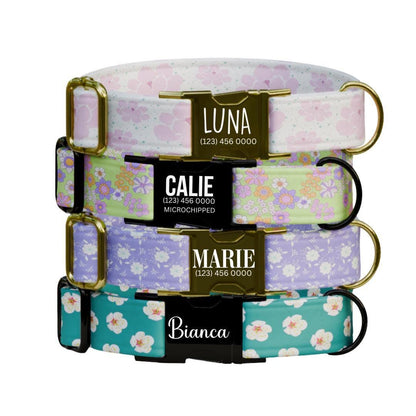 Personalized Floral Dog Collar with Name Engraved Cute and Soft Floral Adjustable Collar & Leash Set Stylish Flower Print Dog Gift (OG-196)