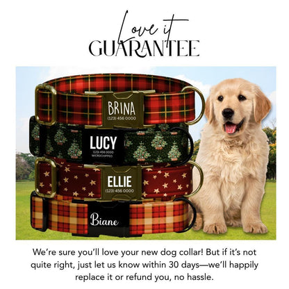 Personalized Christmas Dog Collar Custom Name Tag Holiday Plaid Dog Collar with Metal Buckle & Adjustable Fit Chrismast Dog ID Tag (OG-244)