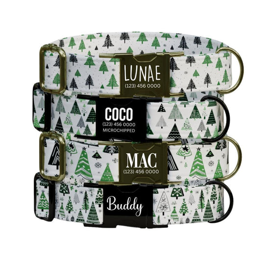 Personalized Christmas Dog Collar with Name Engraved Custom Name Tag Adjustable Collar & Leash Set Festive Tree Collar Gift for Dog (OG-230)
