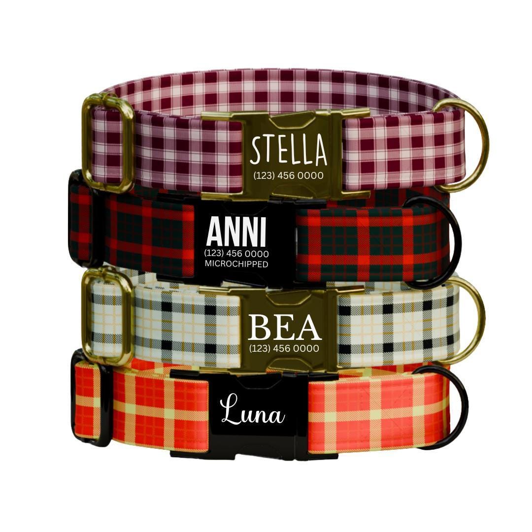 Personalized Plaid Dog Collar with Name Engraved Custom Pet Name ID Collar for Pets Collar & Leash Set Cozy Winter Check Dog Collar (OG-168)