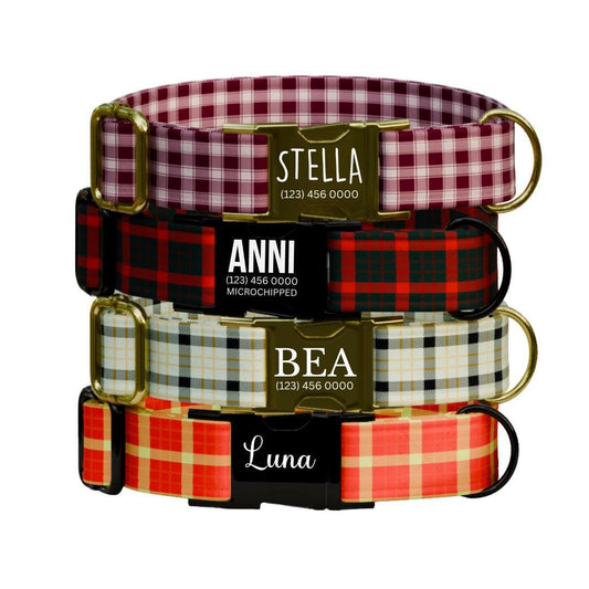Personalized Plaid Dog Collar with Name Engraved Custom Pet Name ID Collar for Pets Collar & Leash Set Cozy Winter Check Dog Collar (OG-168)