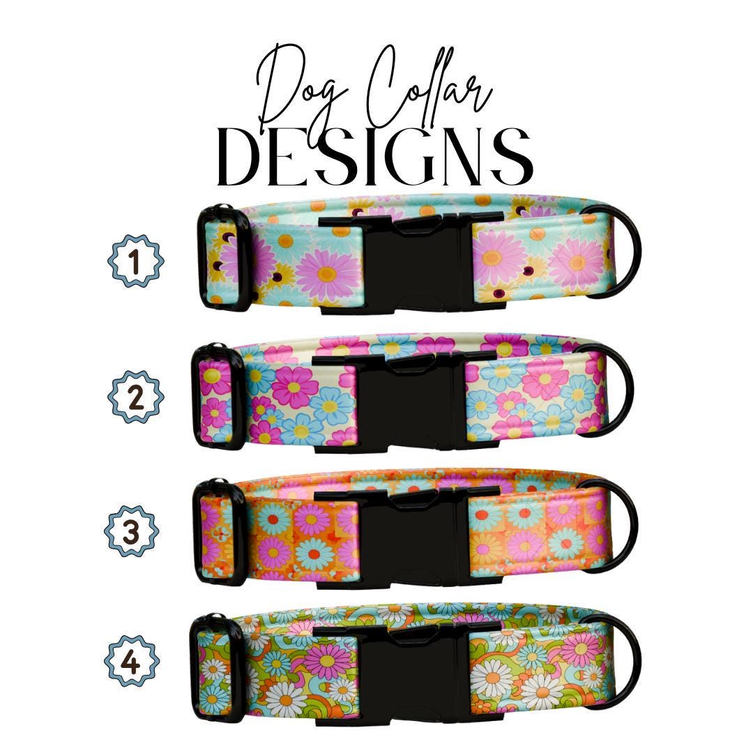 Personalized Groovy Garden Dog Collar for Girls with Name Engraved Retro Floral Name ID Adjustable Collar & Leash Set Gift for Dog (OG-258)