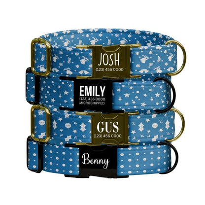 Personalized Blue Winter Dog Collar with Name Engraved Custom Name Tag Adjustable Collar & Leash Set Christmas Snow Dog Leash Gift (OG-226)