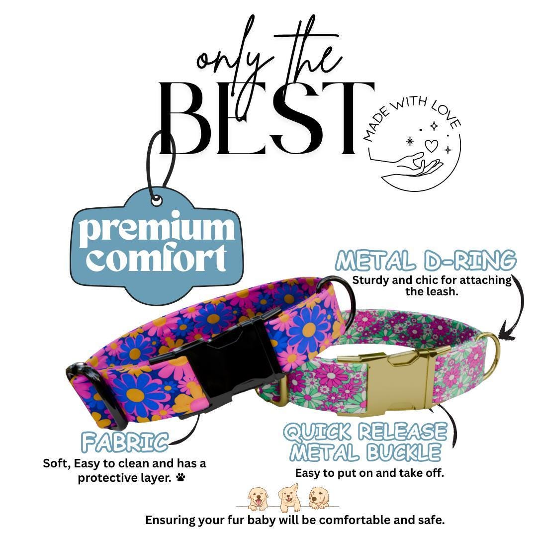 Personalized Floral Dog Collar for Girls with Name Engraved Cute Bright Flower Name ID Adjustable Collar & Leash Set Gift for Dog (OG-260)