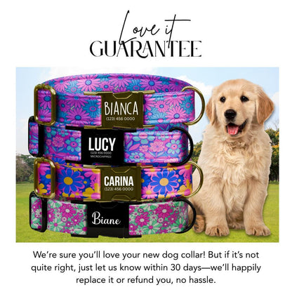 Personalized Floral Dog Collar for Girls with Name Engraved Cute Bright Flower Name ID Adjustable Collar & Leash Set Gift for Dog (OG-260)