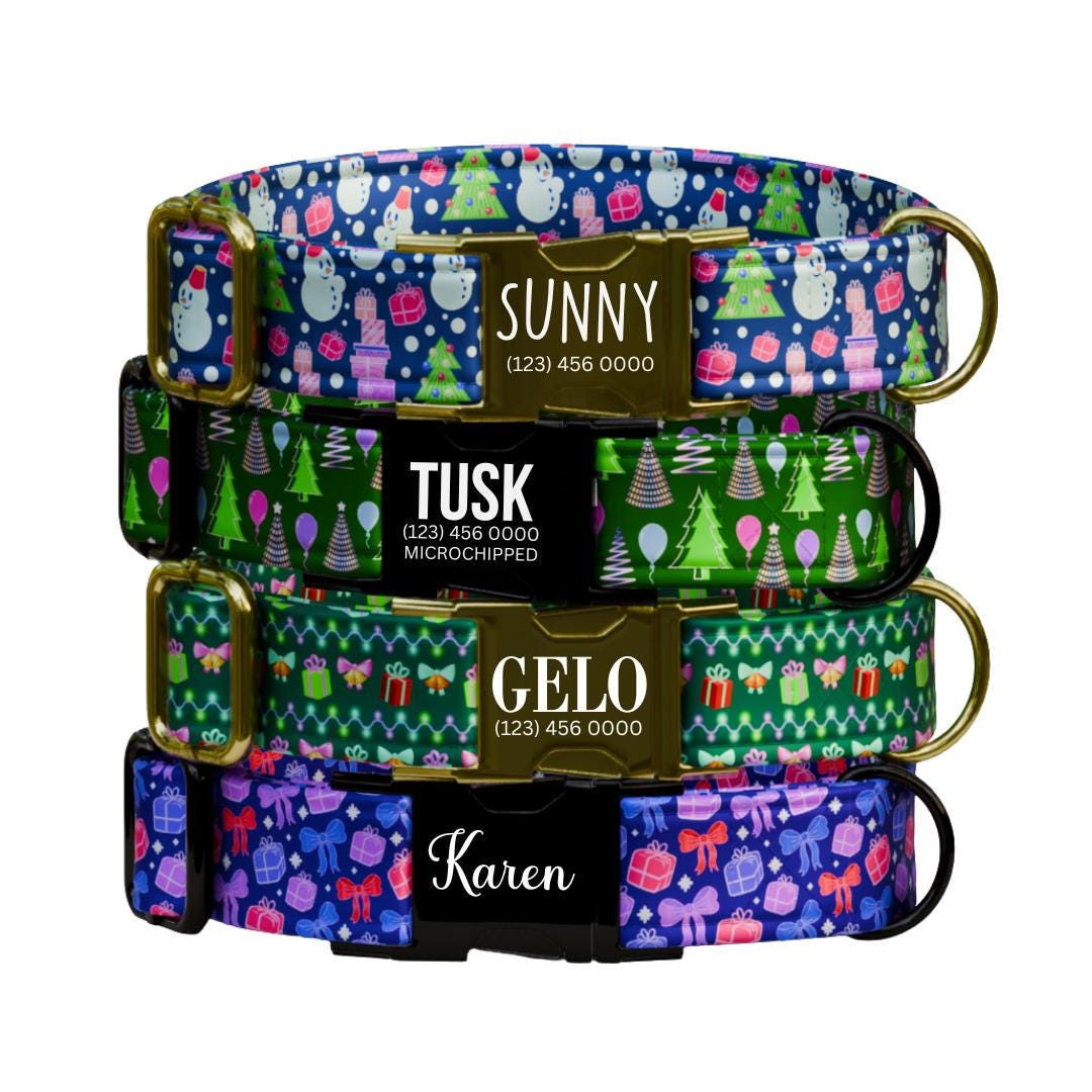 Personalized Christmas Dog Collar Custom Name Tag Neon Xmas Holiday Dog Collar with Metal Buckle & Adjustable Fit Christmas Dog Tag (OG-287)
