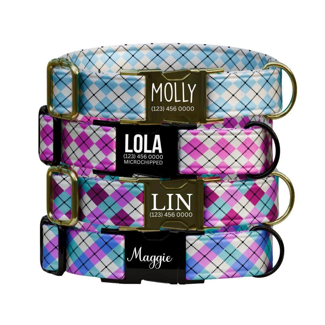 Personalized Argyle Dog Collar Custom Name Tag Trendy Argyle Design Dog Collar with Metal Buckle & Adjustable Fit Argyle Dog ID Tag (OG-291)