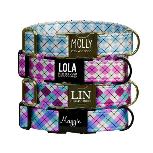 Personalized Argyle Dog Collar Custom Name Tag Trendy Argyle Design Dog Collar with Metal Buckle & Adjustable Fit Argyle Dog ID Tag (OG-291)