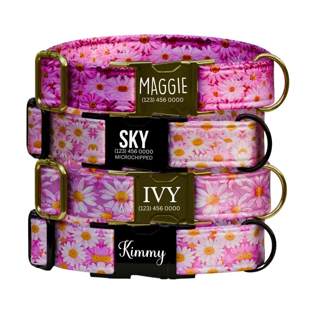 Personalized Pink Daisy Dog Collar for Girls with Name Engraved Cute and Soft Floral Adjustable Collar & Leash Set Flower Dog Gift (OG-278)