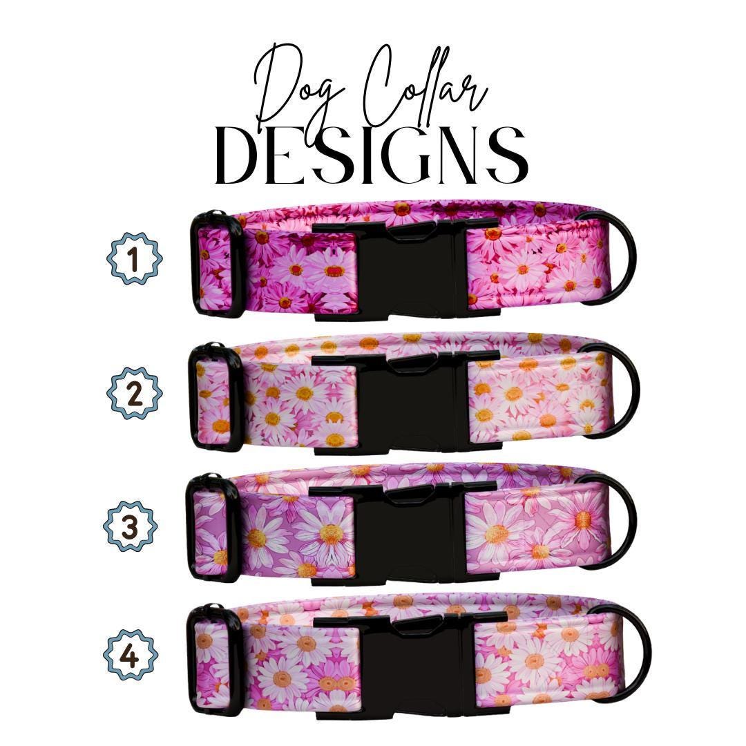 Personalized Pink Daisy Dog Collar for Girls with Name Engraved Cute and Soft Floral Adjustable Collar & Leash Set Flower Dog Gift (OG-278)