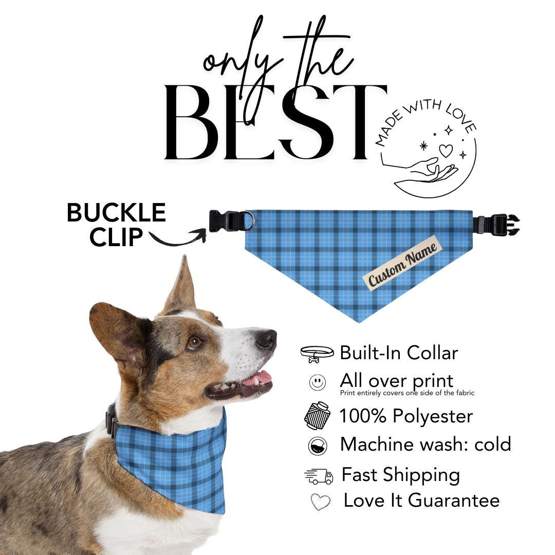 Personalized Blue Plaid Pet Bandana Collar Custom Name Dog-Cat Bandana with Built-In Adjustable Collar Cute Soft Polyester Plaid Pet Bandana